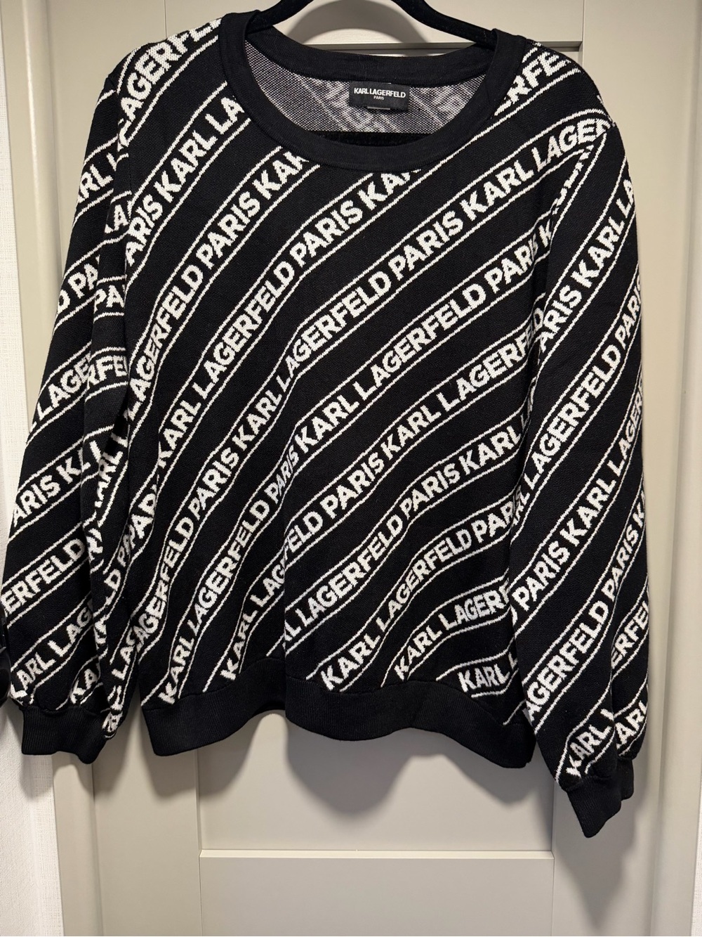 Karl Lagerfeld Black and White Diagonal Logo Crewneck Sweater